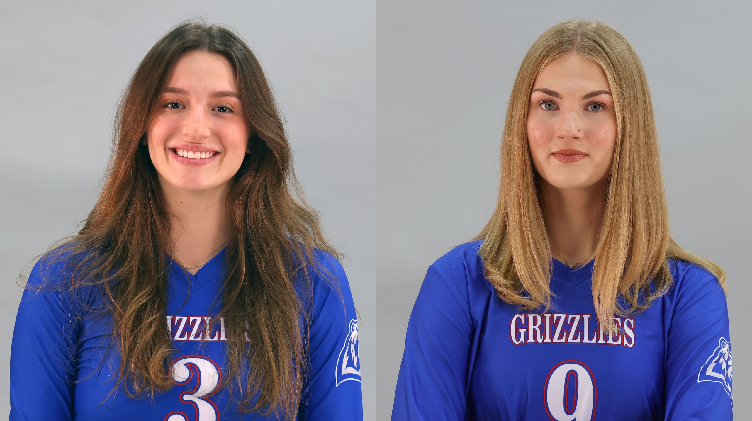 GRIZZLY VOLLEYBALL players Bianca Salvador, left, and Kaitlyn Aleshire received All-American honors at the Division I level from the National Junior College Athletic Association (NJCAA). Salvador is a freshman outside/right side hitter, and Aleshire is a sophomore middle blocker. (MSU-WP Photo)