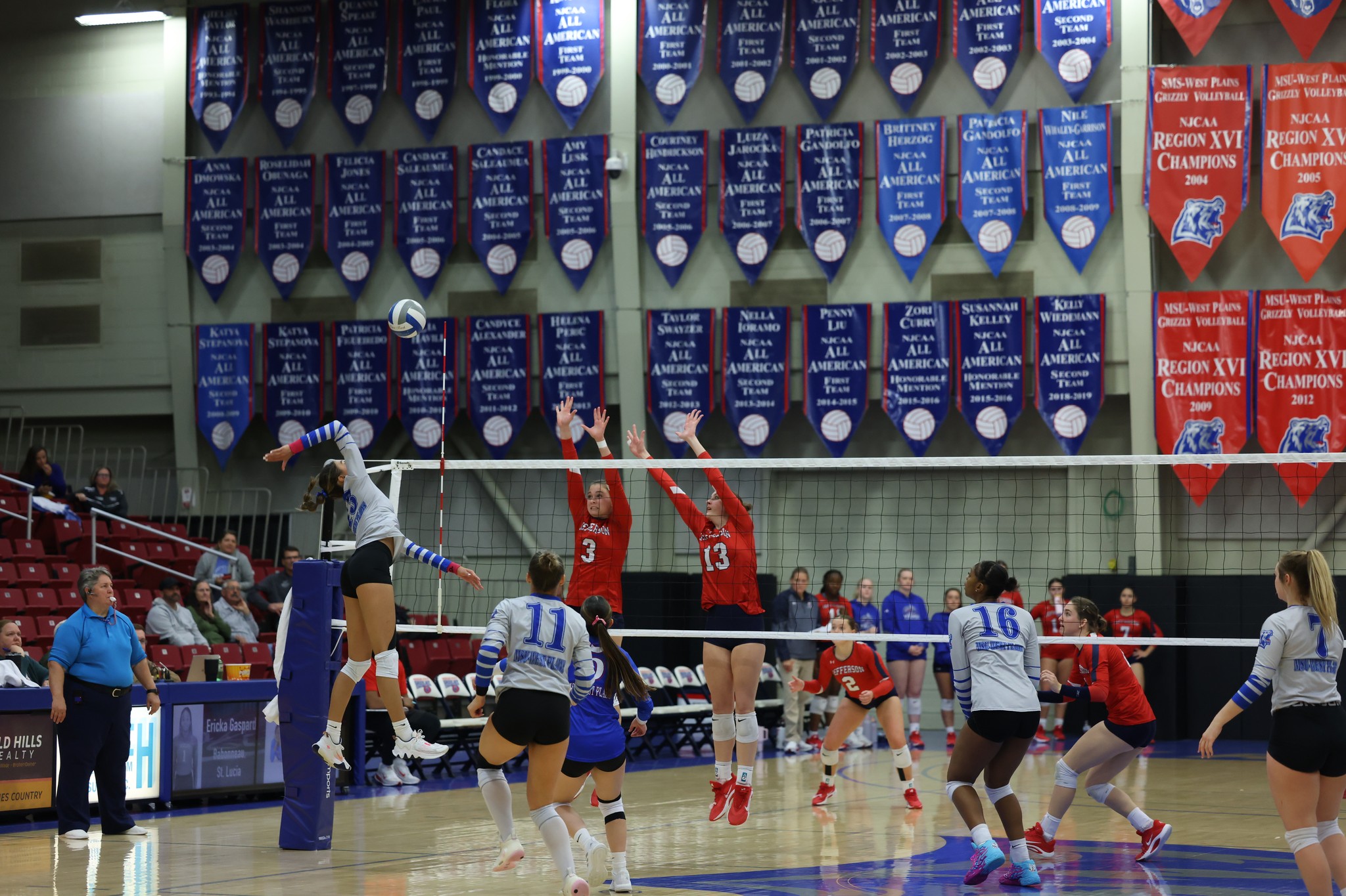 Victoria Antia goes up for a spike vs. Jefferson College in the Region 16 Tournament Semi-Finals.